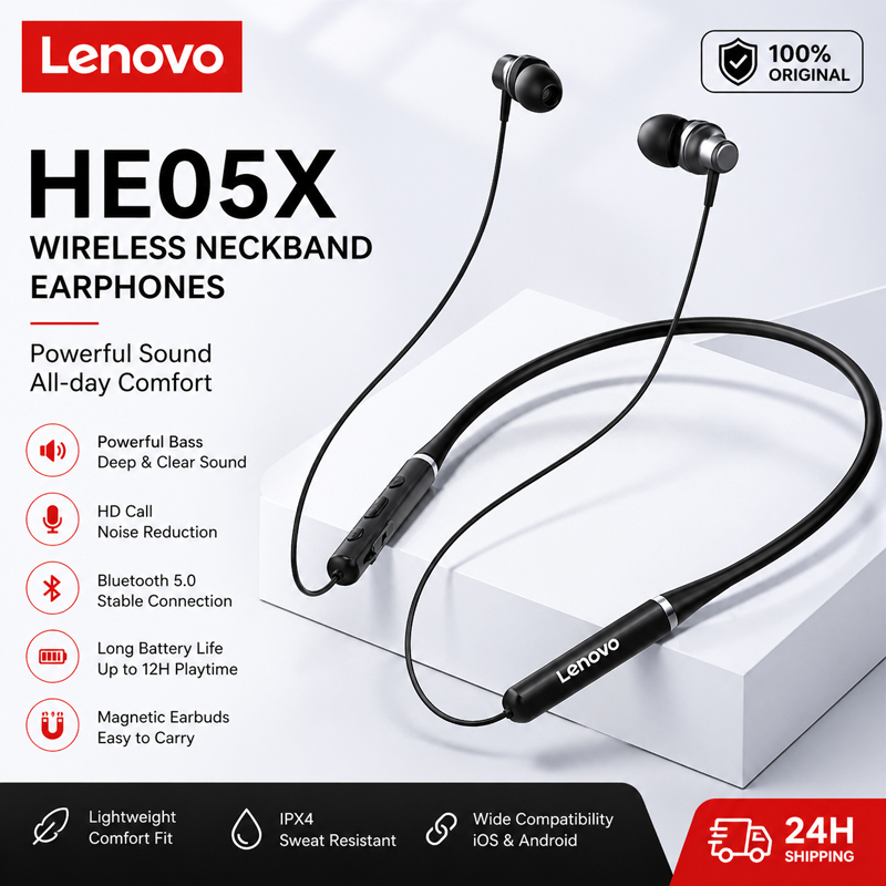 Magnetic Neckband Sports Earphones - 100% Origial Lenovo HE05X Bluetooth Earphones