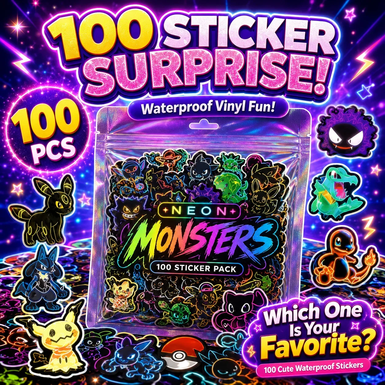100pcs Neon  Pokémon  Stickers - đánh giá và giá Laptops